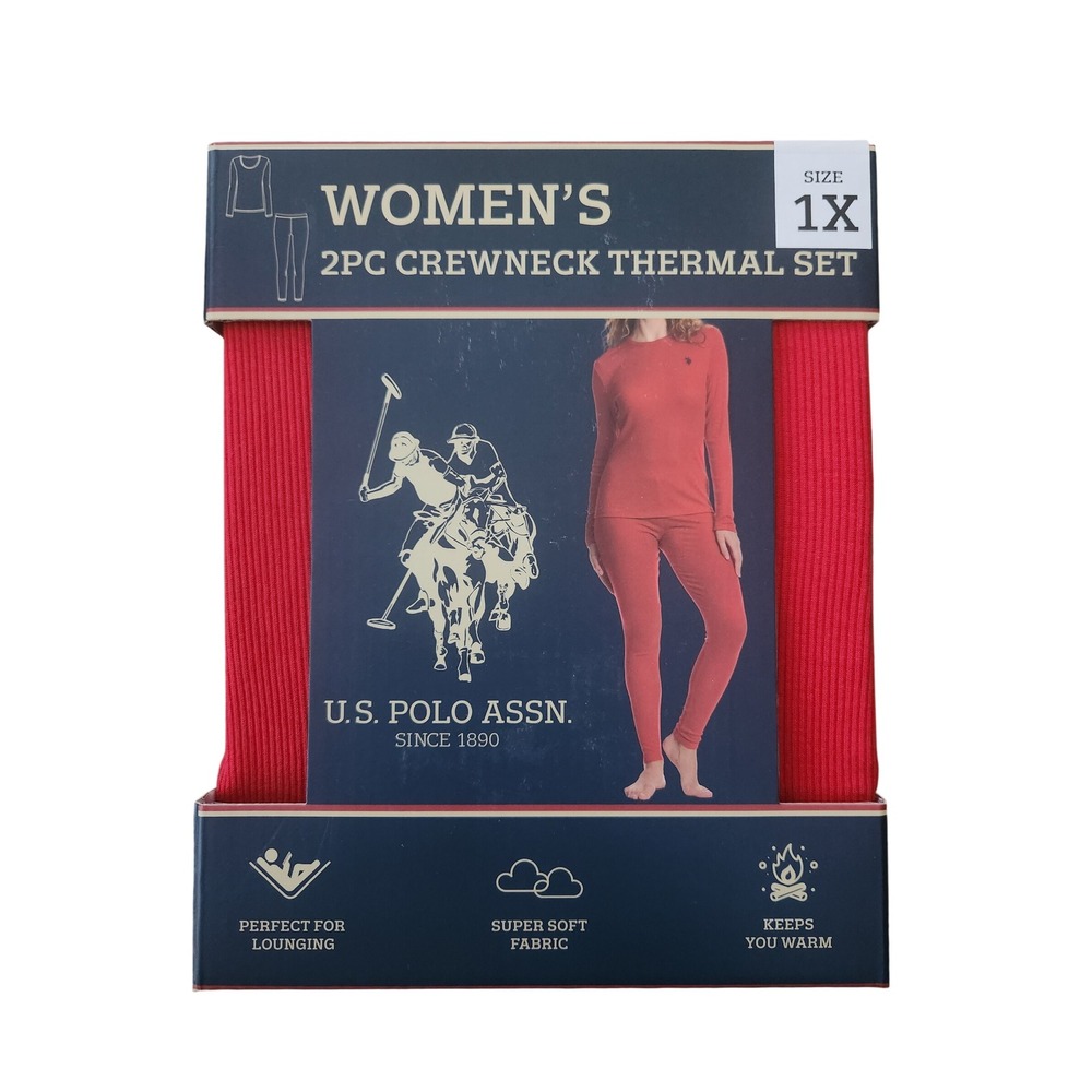 US Polo Assn Womens Thermal Set 2pc Crewneck Top Leggings Red Plus‎ Size 1X New
